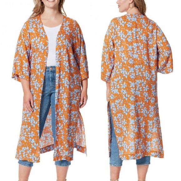 Jessica Simpson Orange & Baby Blue Chic Beachy Coastal Floral Boho Kimono - 2X - Picture 1 of 7